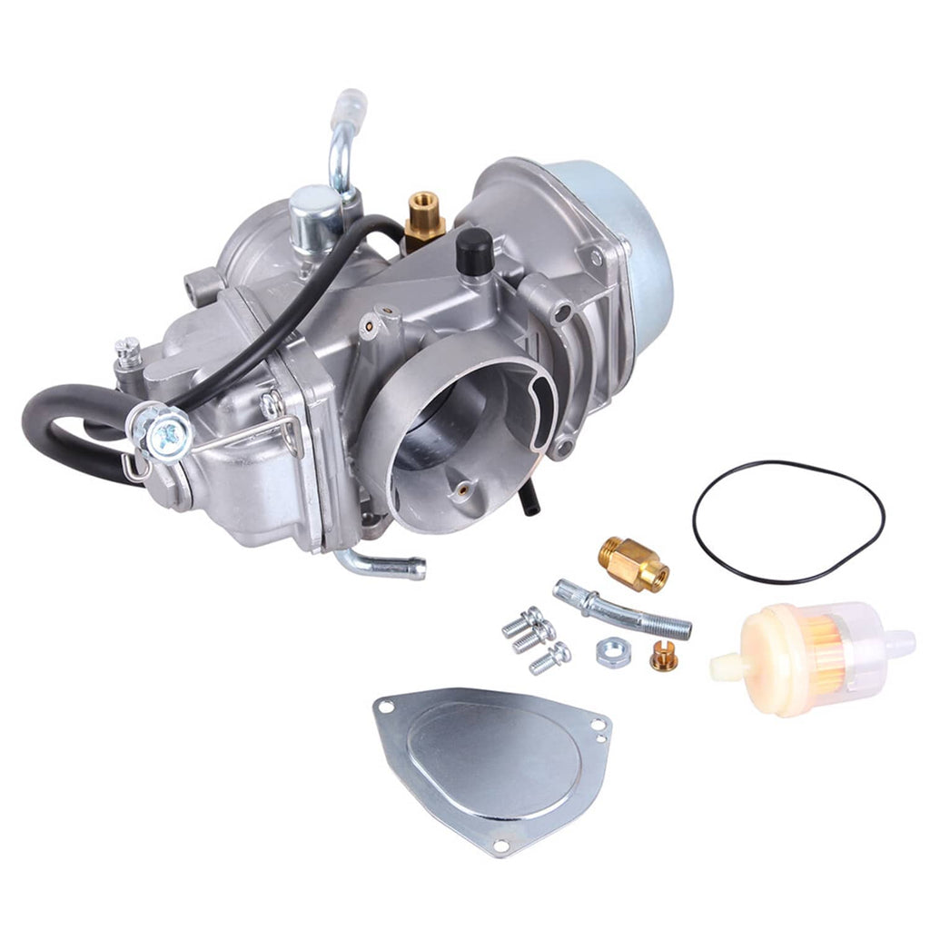 Carburetor and fuel pump assembly with silver housing, black hose, and small parts kit