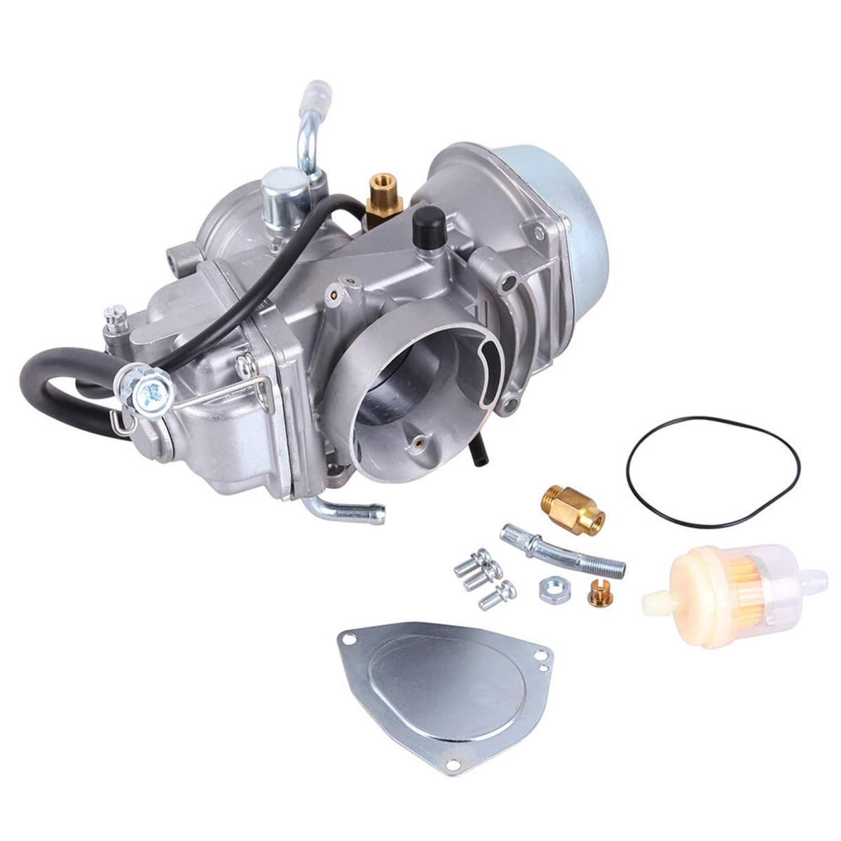 Carburetor and fuel pump assembly with silver housing, black hose, and small parts kit