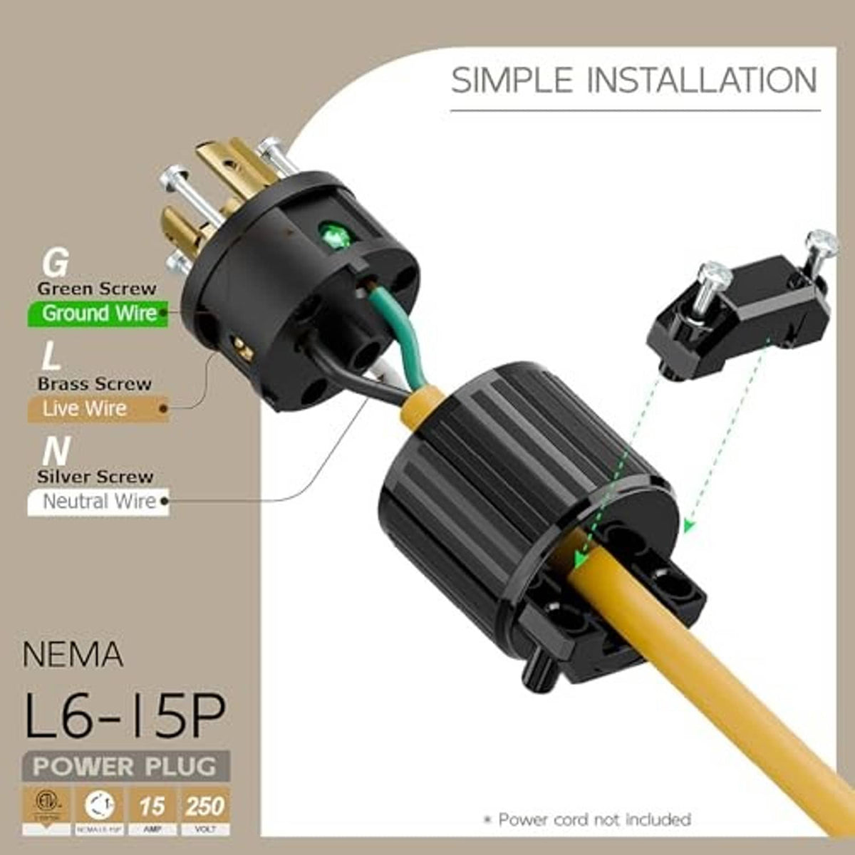 Black twist-lock power plug with gold screws and color-coded wiring leads.