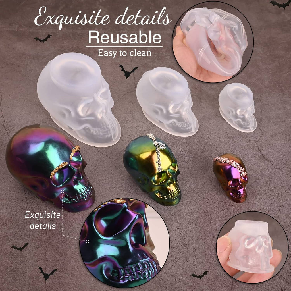 Transparent skull silicone mold set with three sizes and hand-use inset