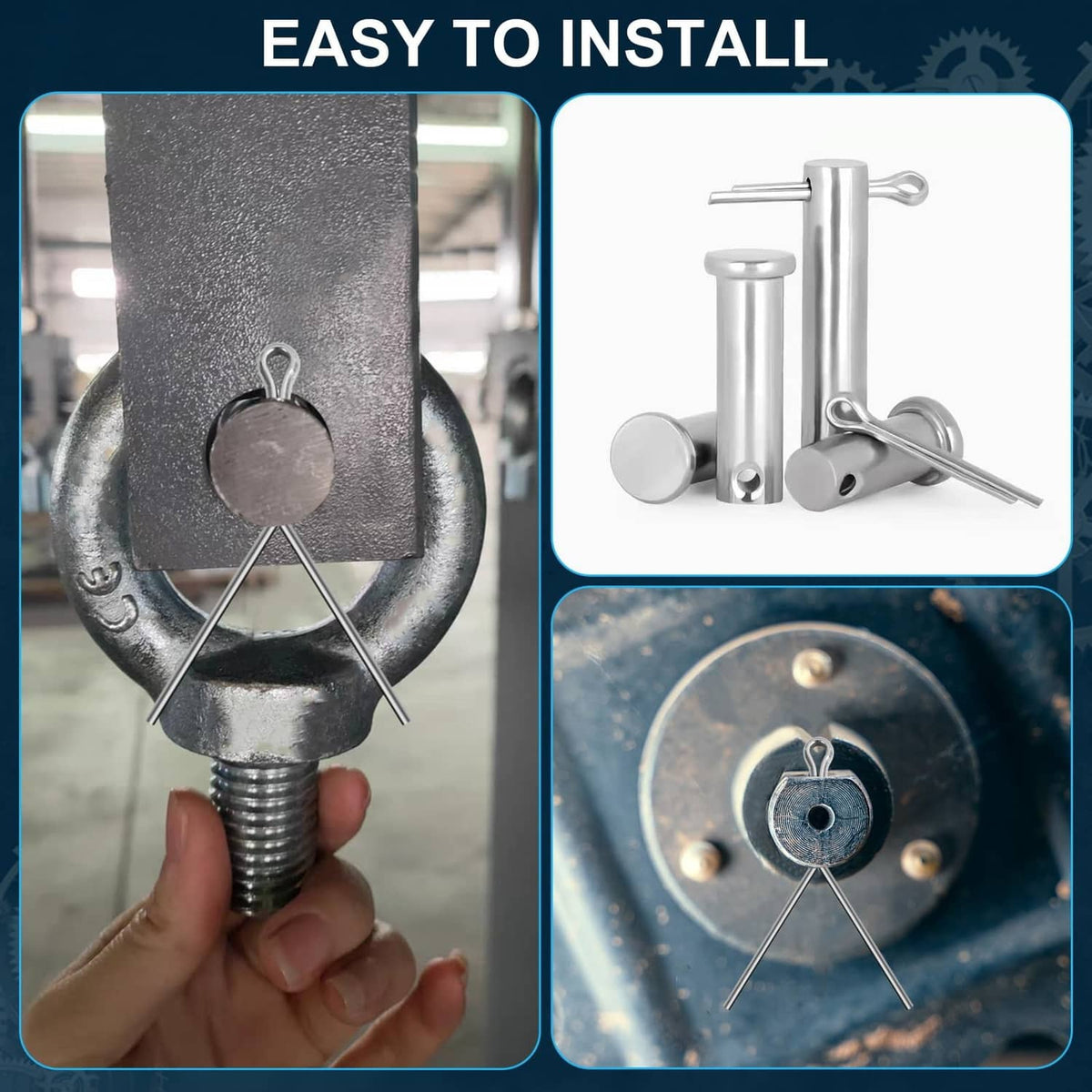 Split cotter pins being installed on a metal connector, showing secured split ends