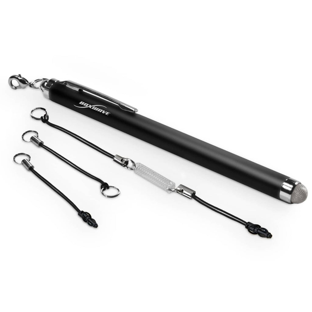 Jet-black capacitive stylus with metal tip and two keychain lanyards