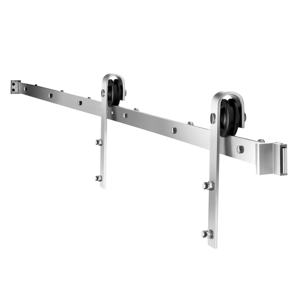 Silver barn door roller assembly with track rail and mounting brackets