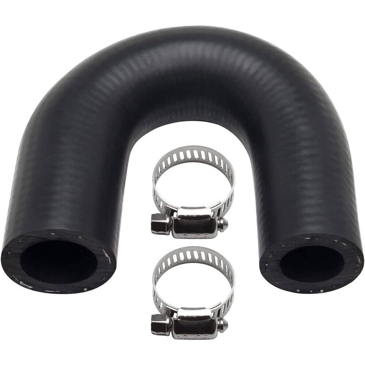 Black U-shaped heater hose with two metal clamps