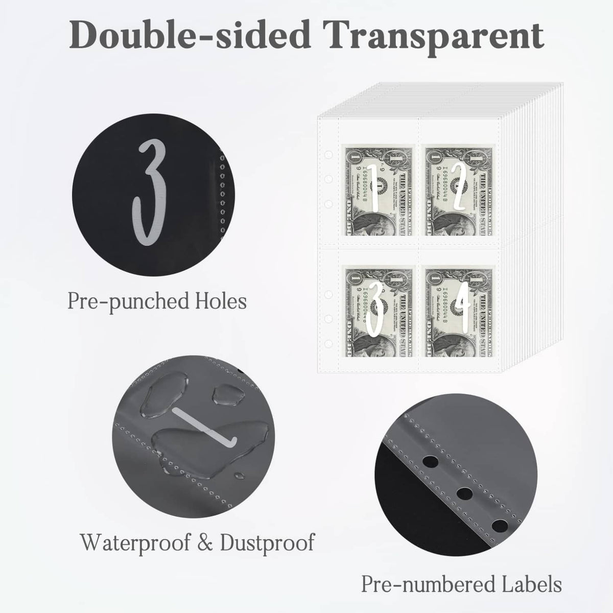 Black binder with double-sided transparent pages, pre-punched holes, pre-numbered labels