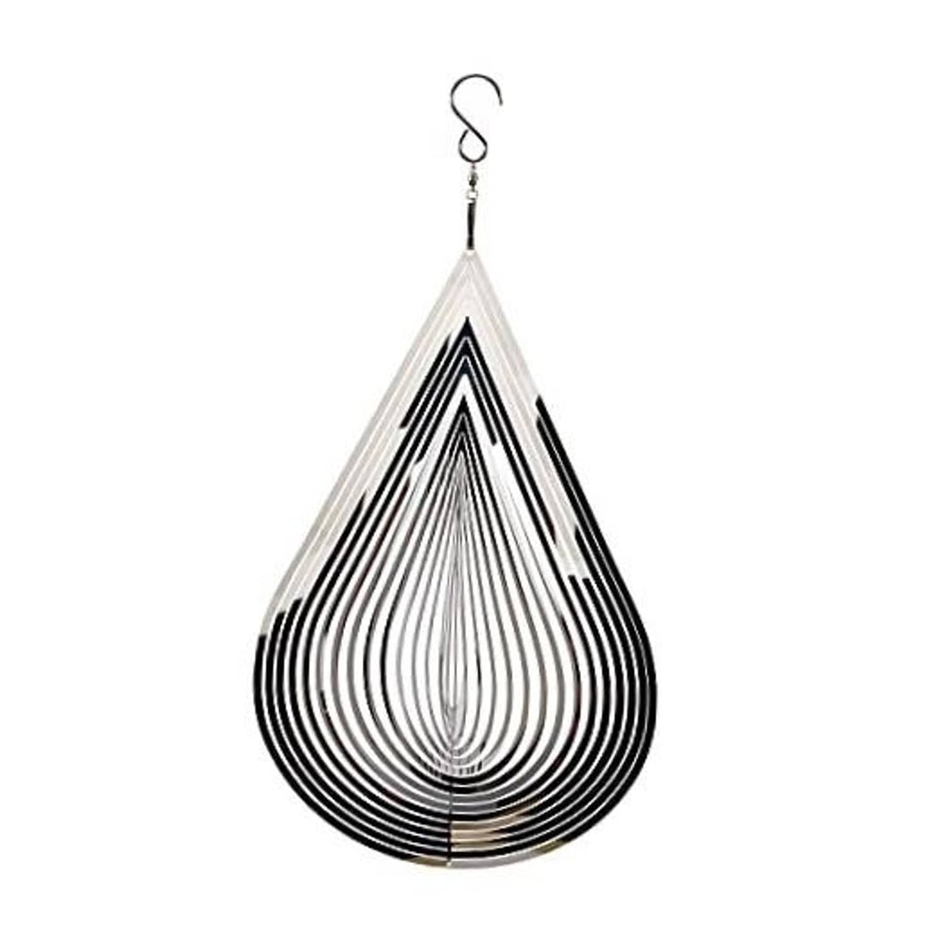 Stainless steel teardrop wind spinner with black ringed spiral panels and hanging hook
