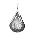 Stainless steel teardrop wind spinner with black ringed spiral panels and hanging hook