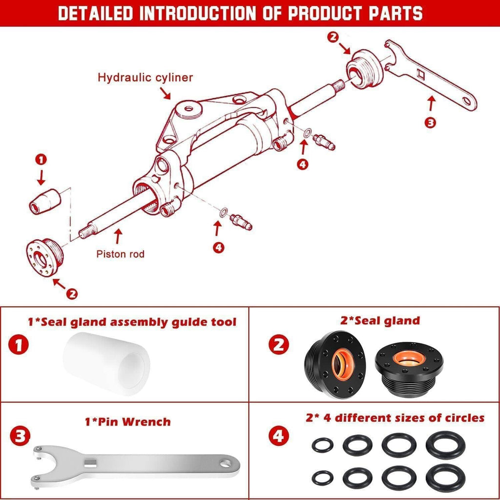 Exploded diagram of hydraulic cylinder seal kit parts: seal glands, guide tool, o-rings