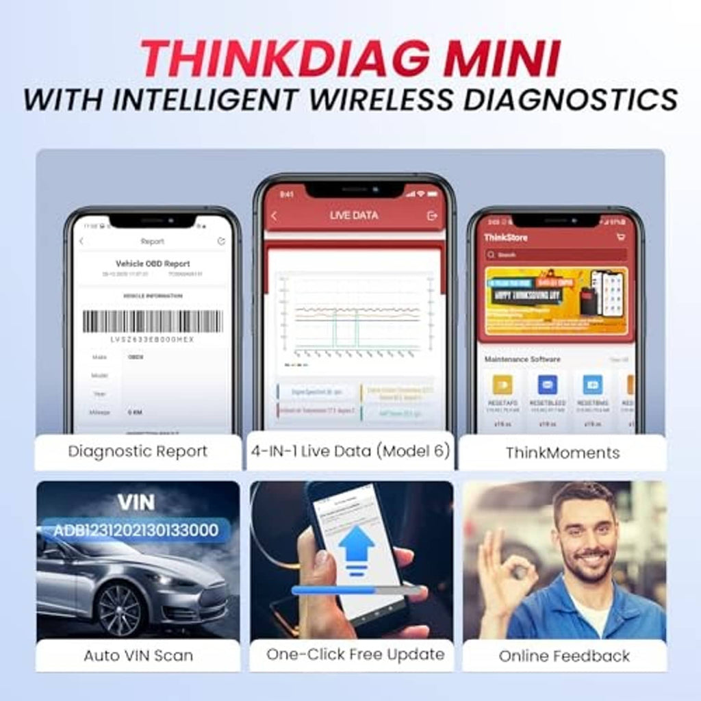 Thinkdiag Mini wireless OBD2 scanner with live data and diagnostic report screens