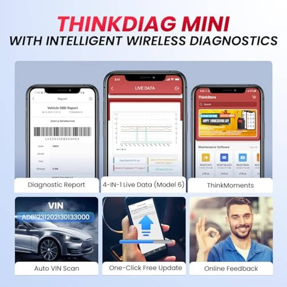 Thinkdiag Mini wireless OBD2 scanner with live data and diagnostic report screens