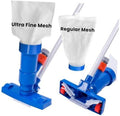 Pool spa vacuum cleaner with blue base, brush pole, and ultra-fine/regular mesh filter bags