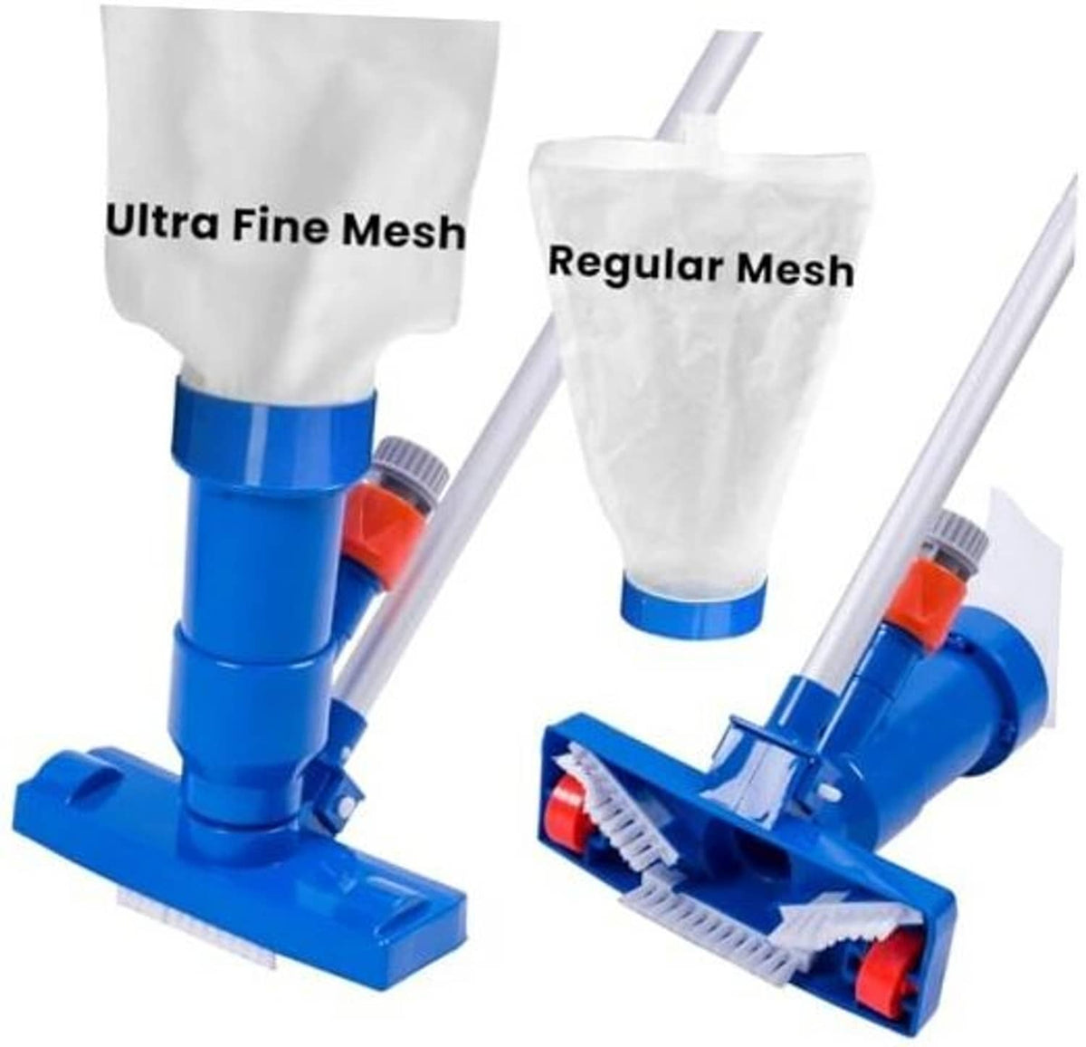 Pool spa vacuum cleaner with blue base, brush pole, and ultra-fine/regular mesh filter bags