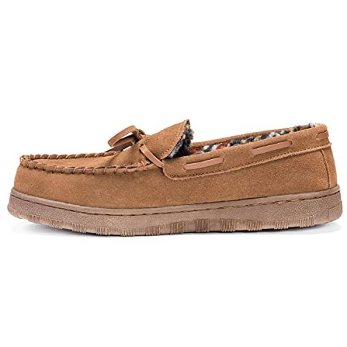 Tan suede slip-on moccasin slipper with lace bow, stitched moc toe, fuzzy inner lining