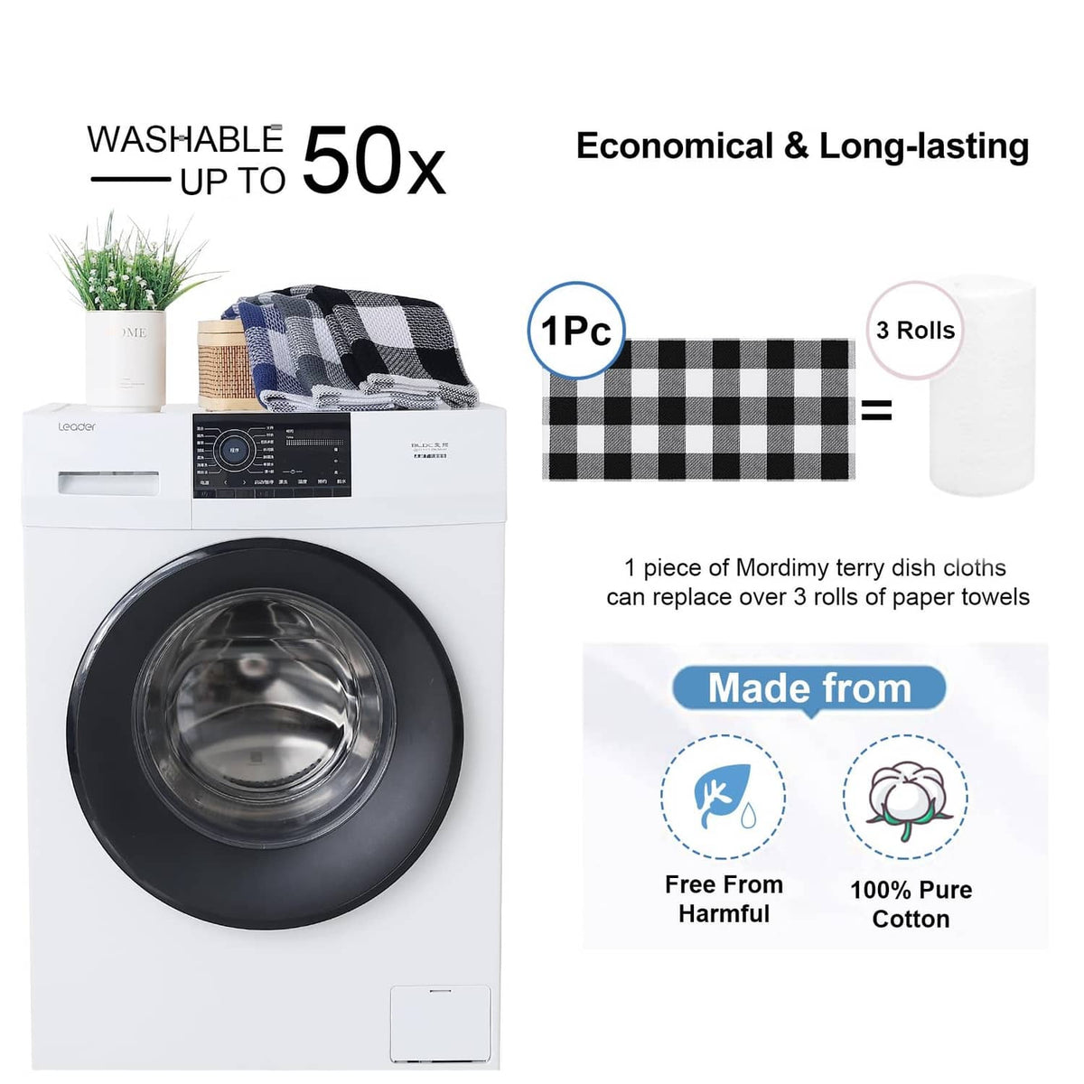 Black and white check Mordimy waffle weave dish towels, 4-pack of absorbent cotton