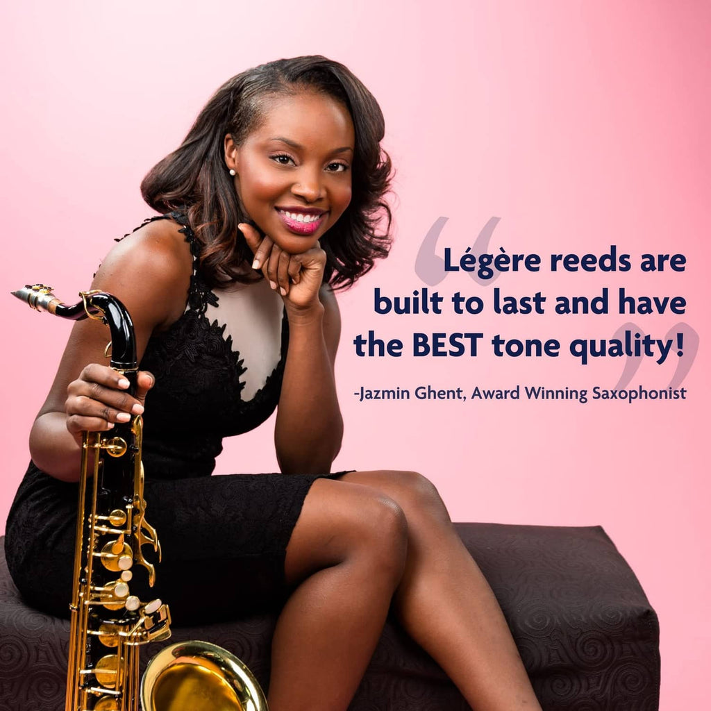 Legere saxophone reeds promo with saxophonist holding a gold saxophone