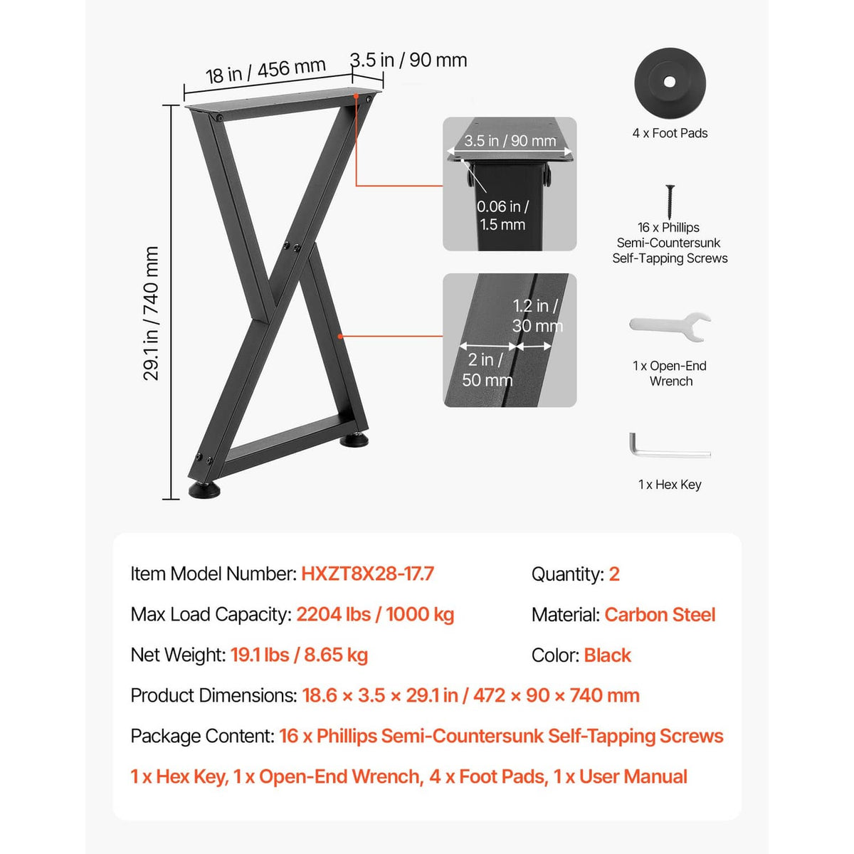 Black steel table leg frame diagram with foot pads and mounting screws