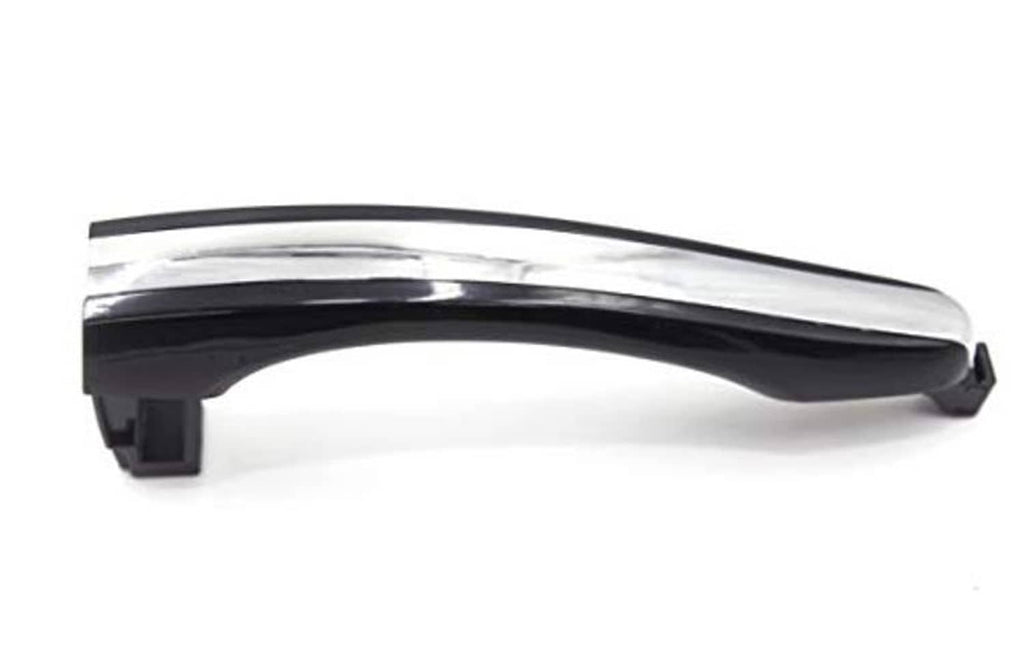 Chrome and black exterior door handle, top profile with black mounting feet