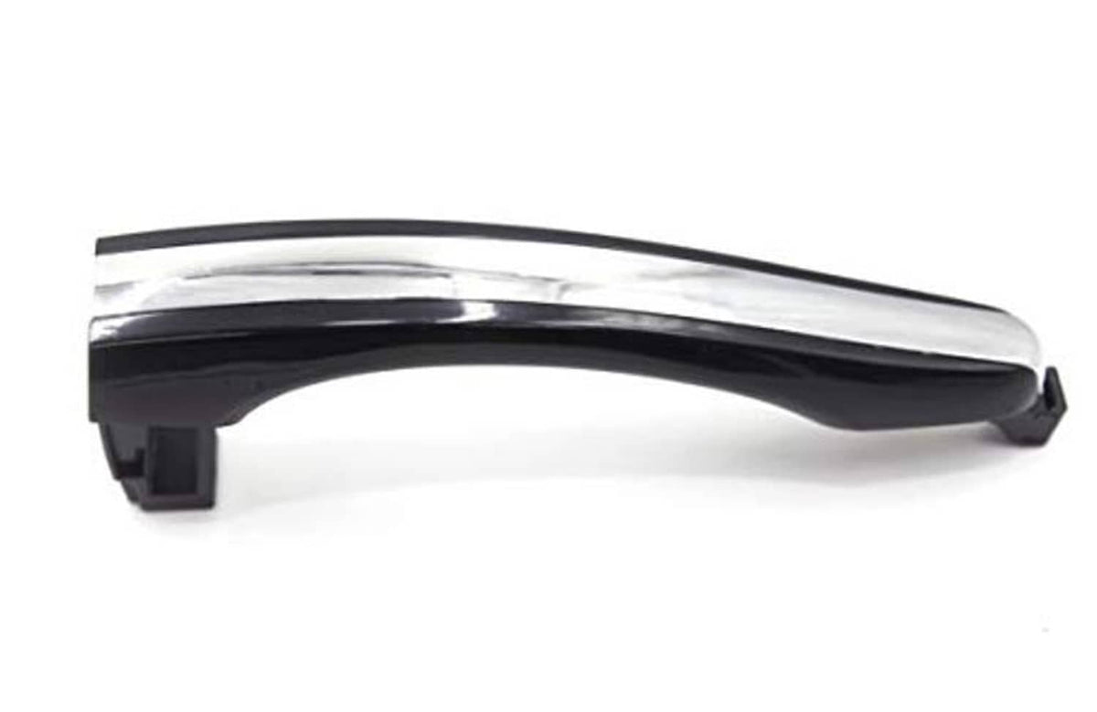 Chrome and black exterior door handle, top profile with black mounting feet