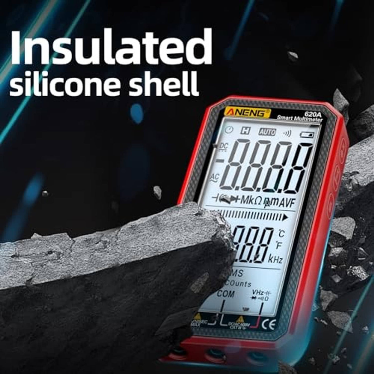 Red digital multimeter with protective silicone-style outer shell and LCD screen