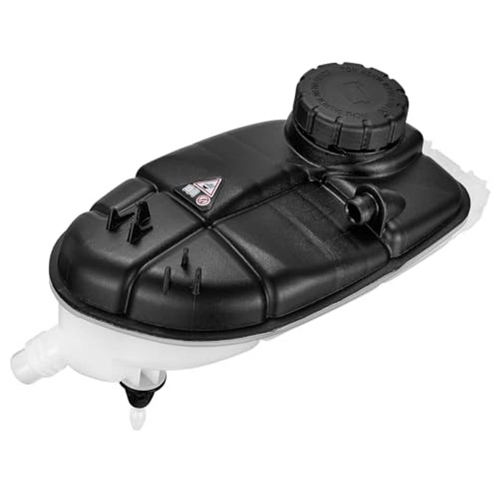 Coolant expansion overflow tank with round black cap and molded outlets, white reservoir