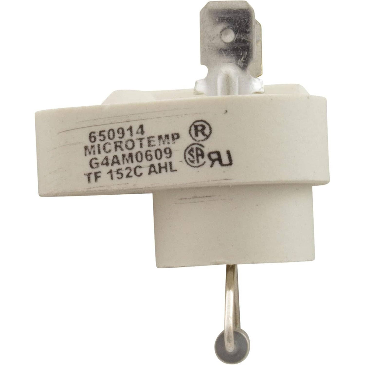 White thermal cut-off fuse with printed rating label and central metal mounting pin