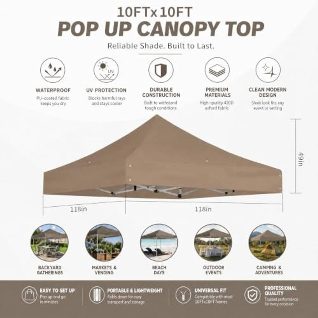 Khaki 10x10 pop-up canopy top shown with height and width fit guides