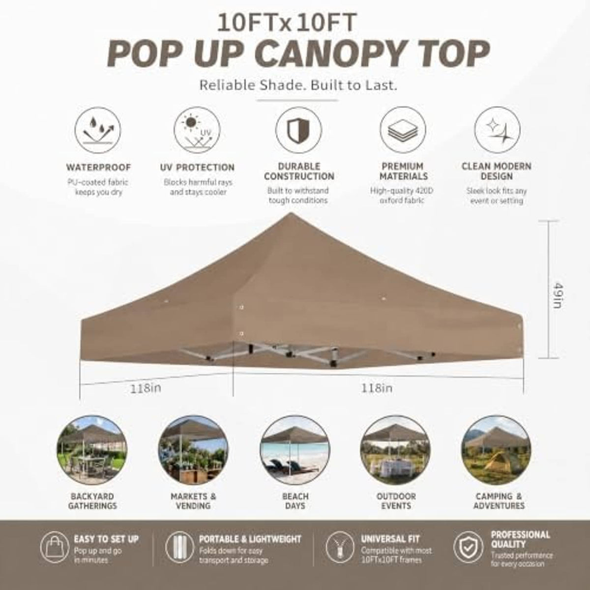 Khaki 10x10 pop-up canopy top shown with height and width fit guides