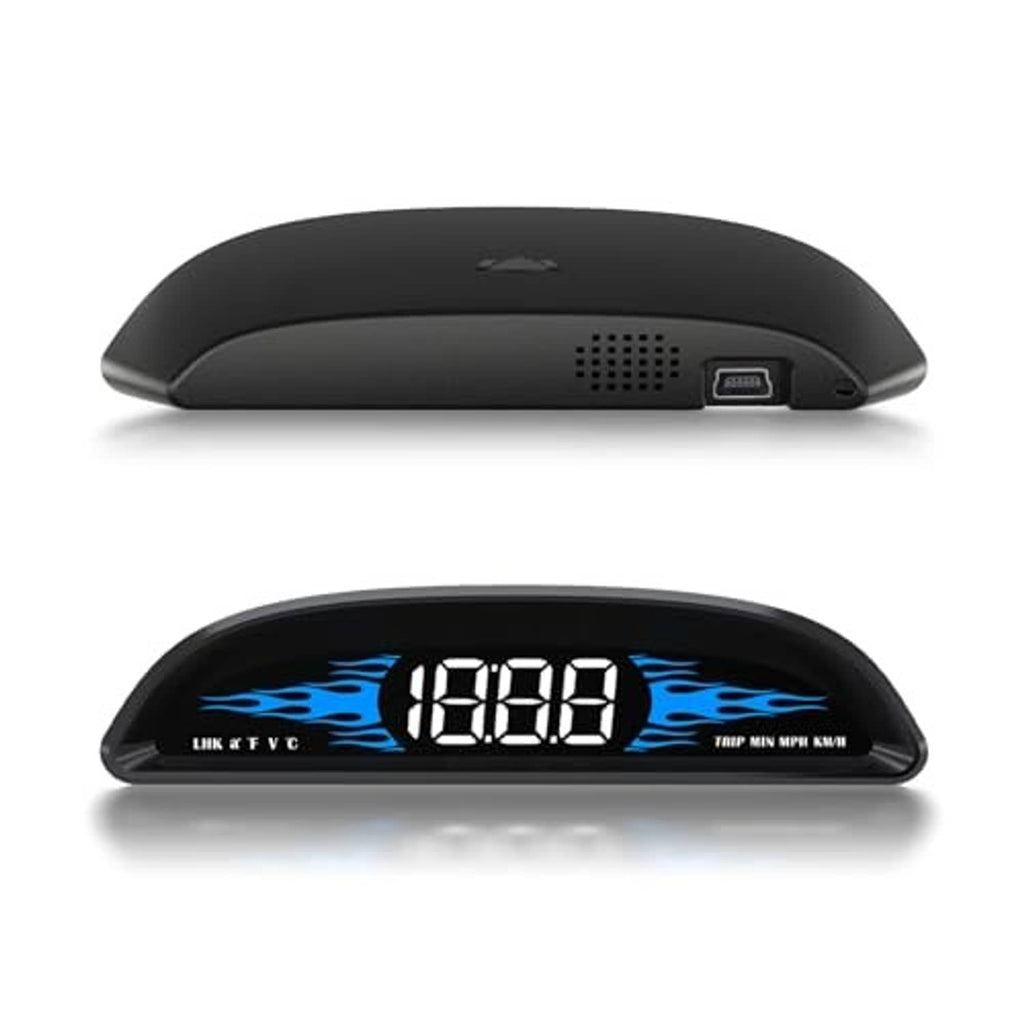 OBD head up display gauge, black curved housing with blue speed digits screen
