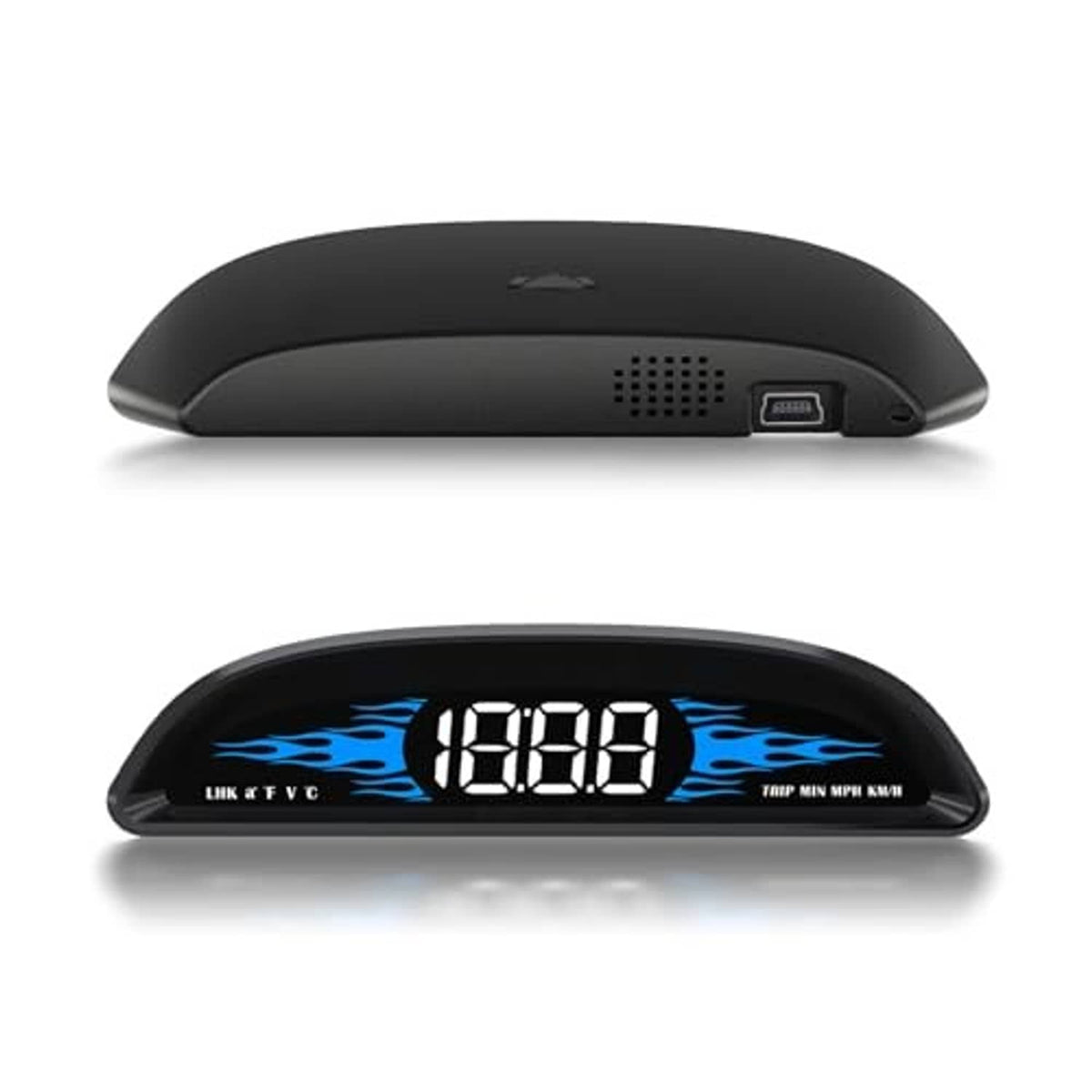 OBD head up display gauge, black curved housing with blue speed digits screen