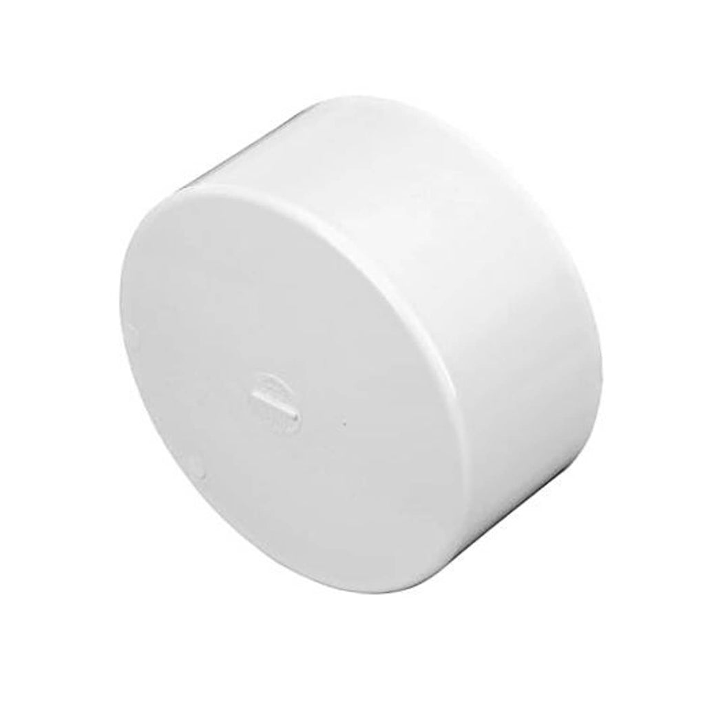 White 6-inch PVC S&D solvent-weld end cap, round fitting