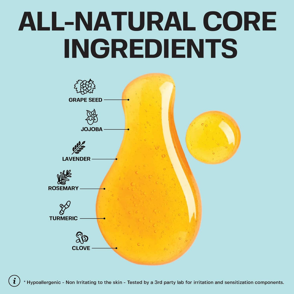 Ingredient infographic for piercing bump solution with labeled botanicals on a yellow droplet.
