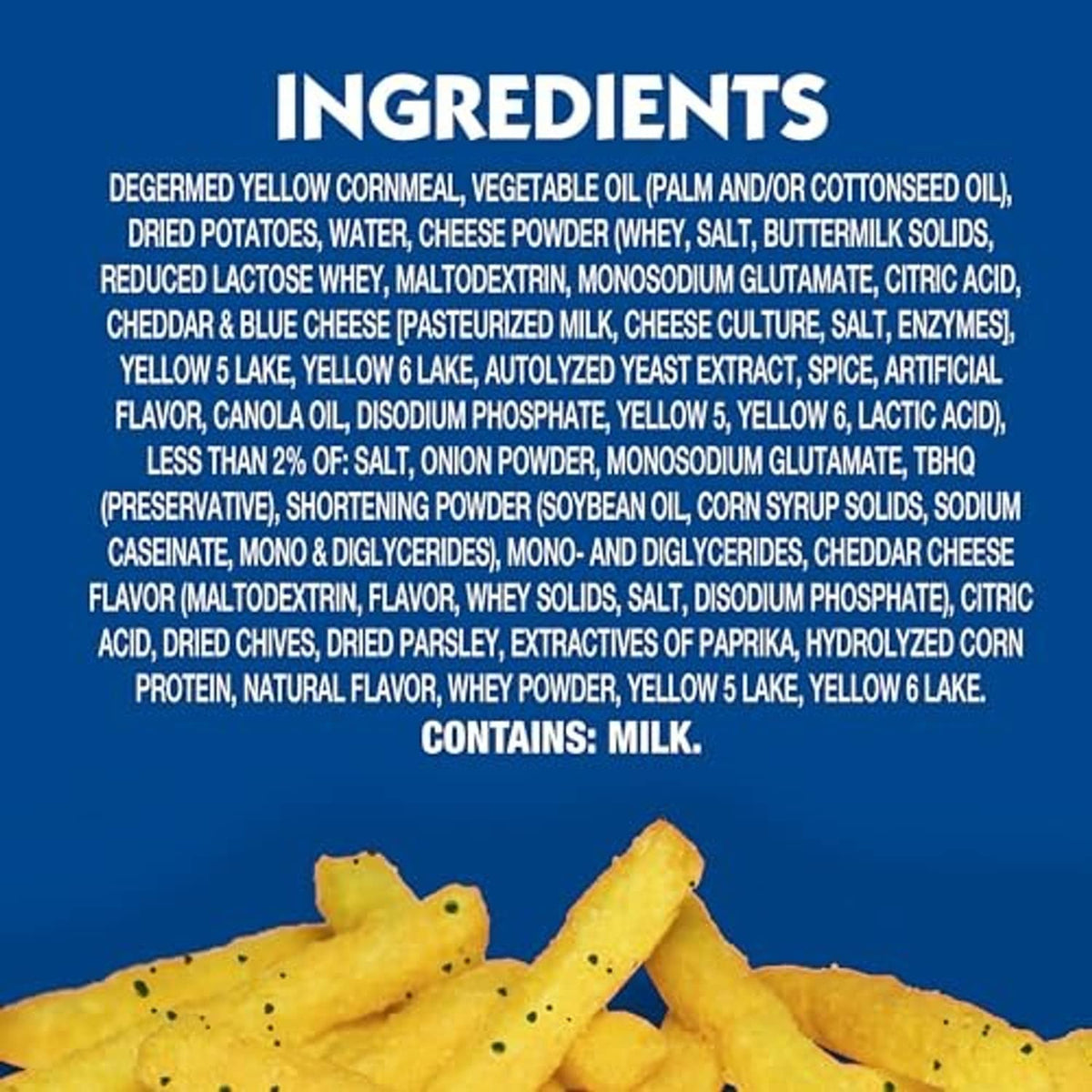 Cheddar Fries snack with Ingredients list panel and fry sticks along the bottom