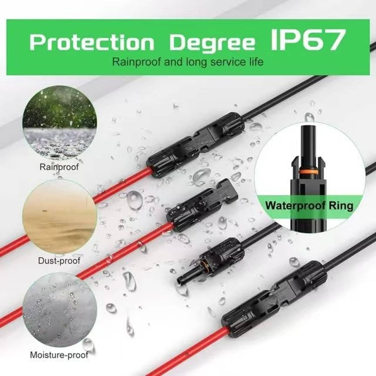 Waterproof MC4 Y connectors with red and black cables and sealing rings