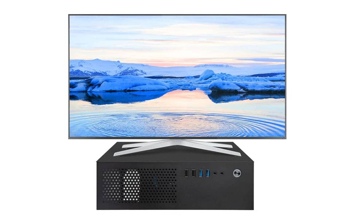 Black mini PC case with vented front grille and front USB ports