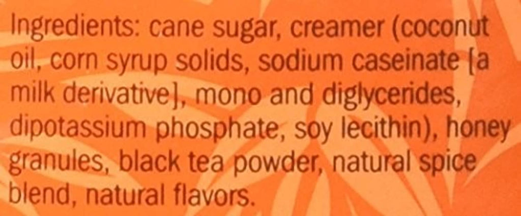Ingredients list for David Rio Tiger Spice chai, including cane sugar creamer and honey