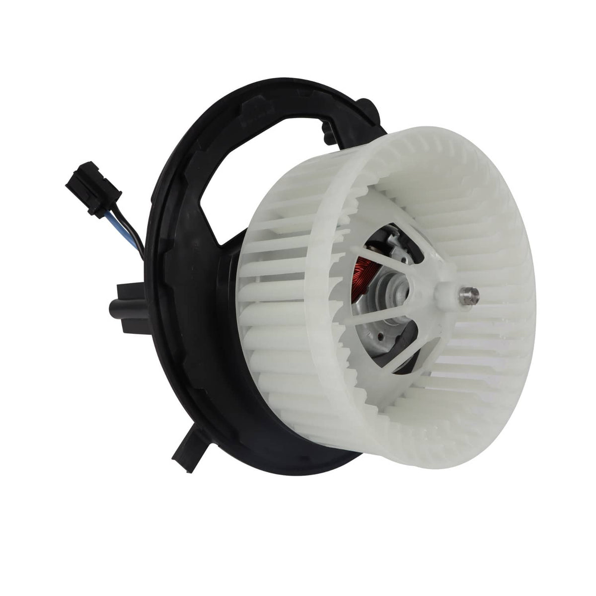 HVAC blower motor with black housing and white plastic fan wheel