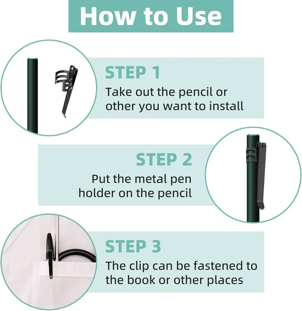 Black flashlight clip clamped onto a pen, installation steps layout