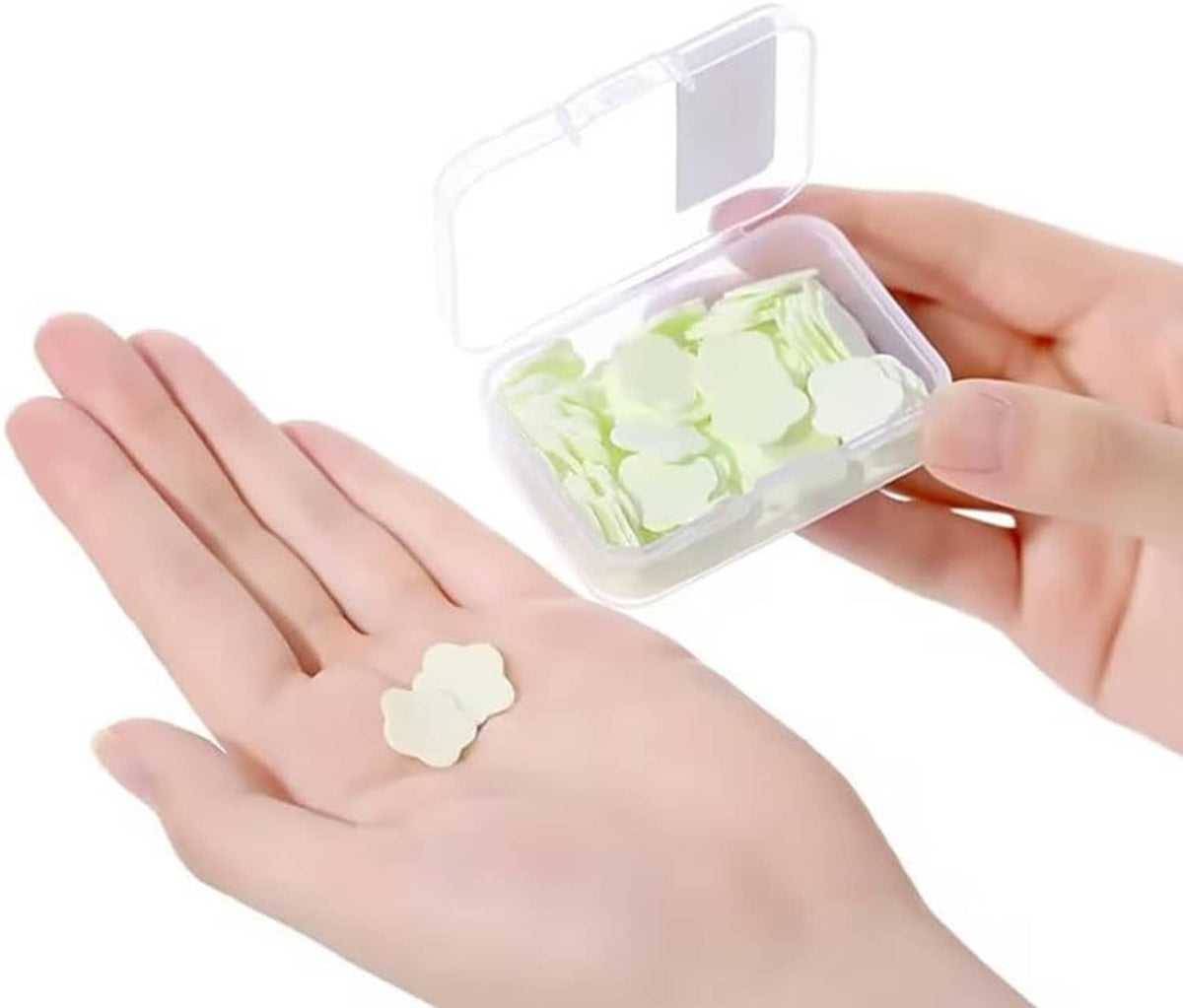 Petal-shaped soap paper sheets in a clear container, lime green pieces