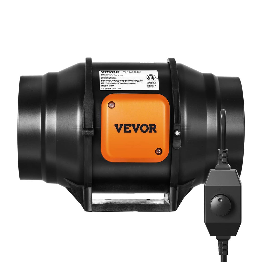 Inline duct fan blower with orange VEVOR controller and black speed adjustment switch