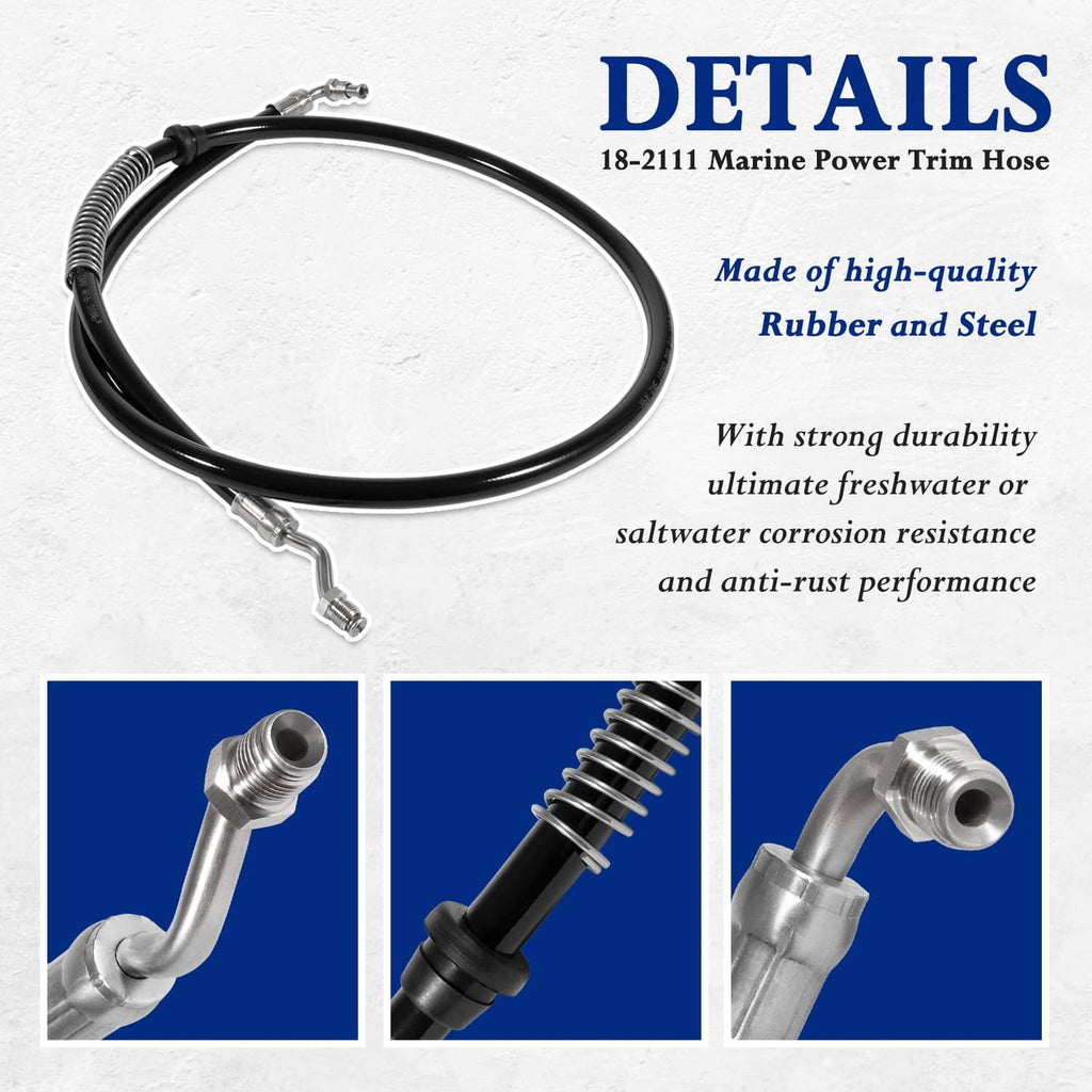 Marine power trim hose details with black line and silver steel connector ends