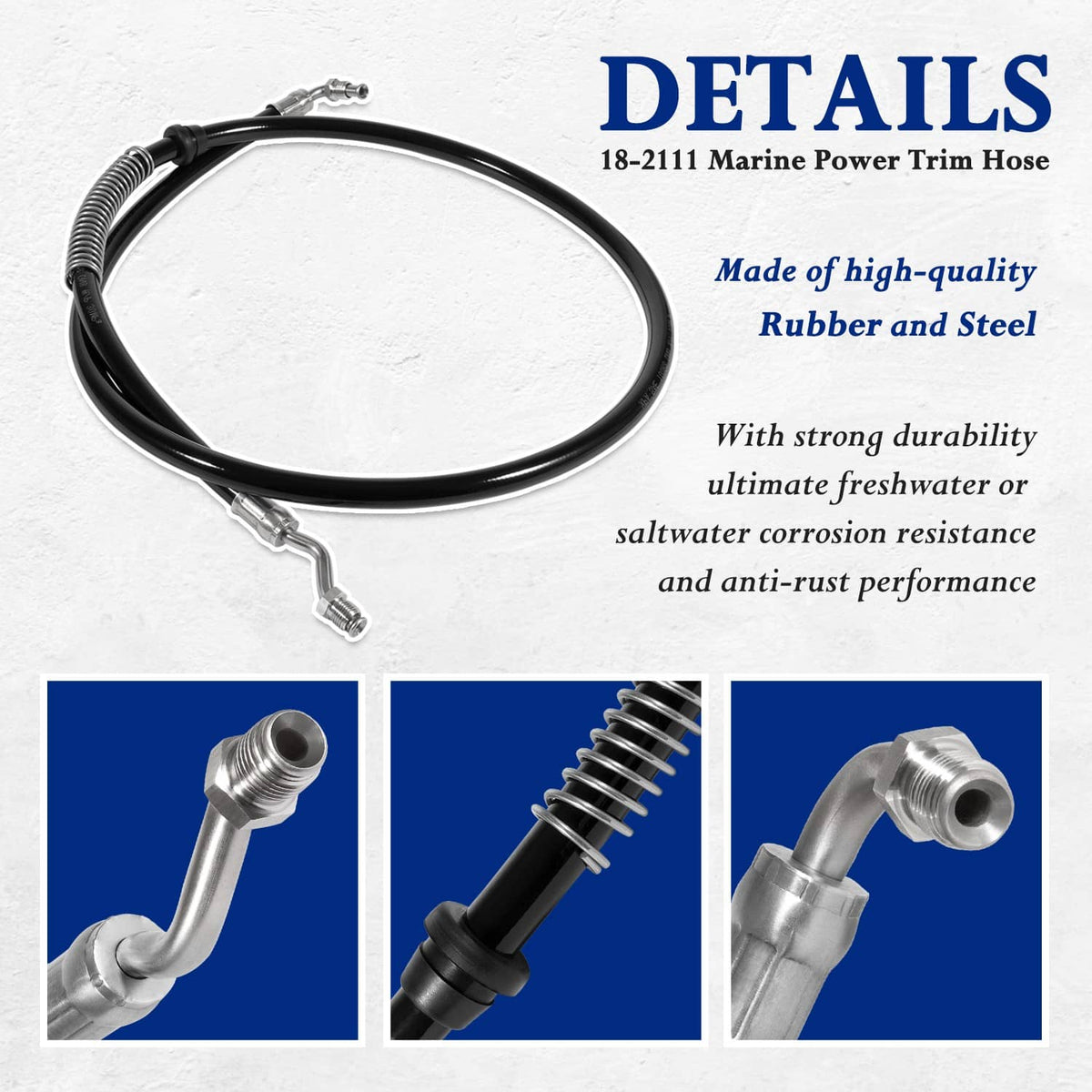 Marine power trim hose details with black line and silver steel connector ends