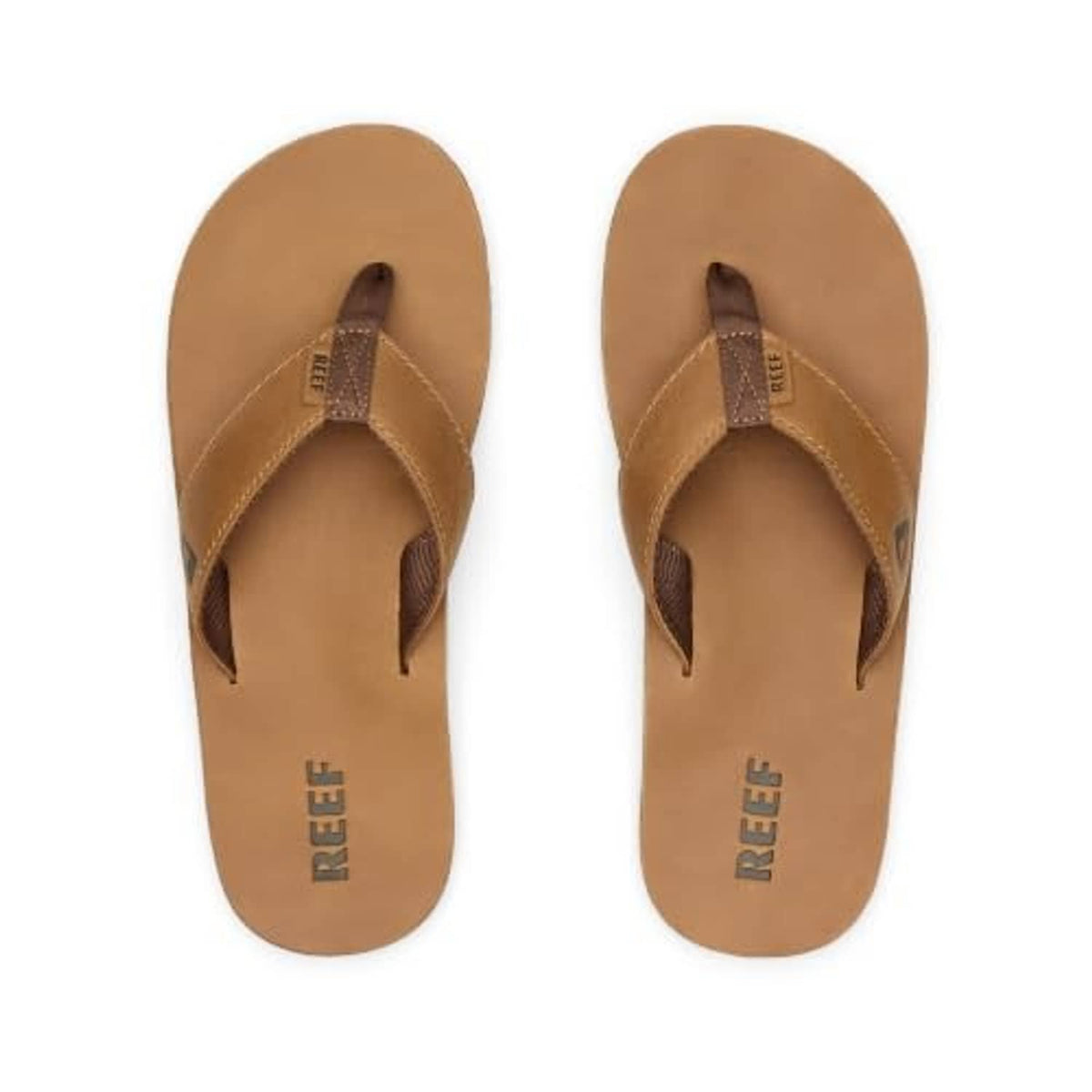 Pair of brown leather flip-flop sandals with toe post and 'REEF' branding on footbeds