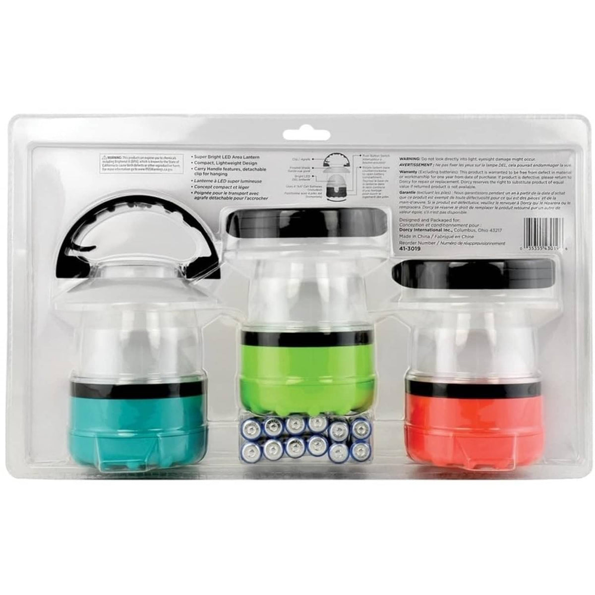 Set of 3 LED mini lanterns in green, teal, and red with hanging hooks