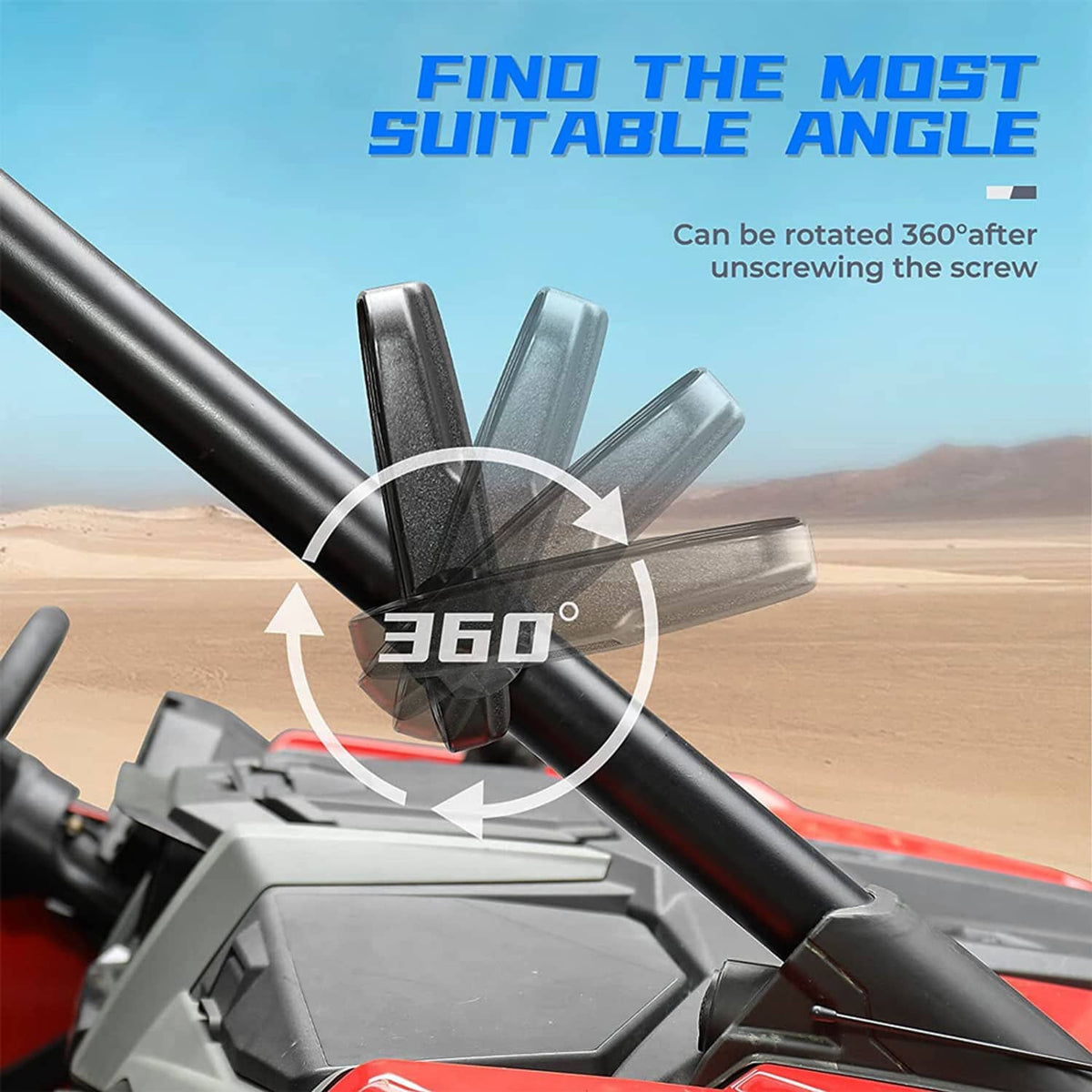 Roll bar side mirror close-up showing adjustable 360° mount on metal bar