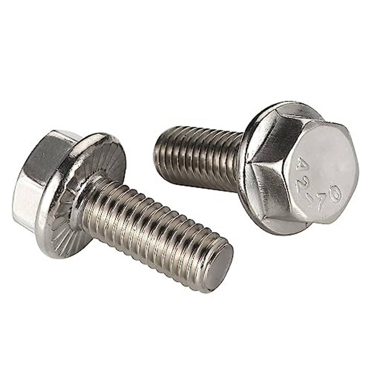 Silver flanged hex head bolt with 1/4-20 threads and hex flange head