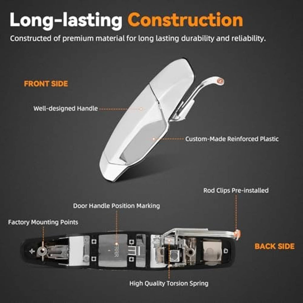 White rear exterior door handle with chrome lever, spring mount and rod clips shown