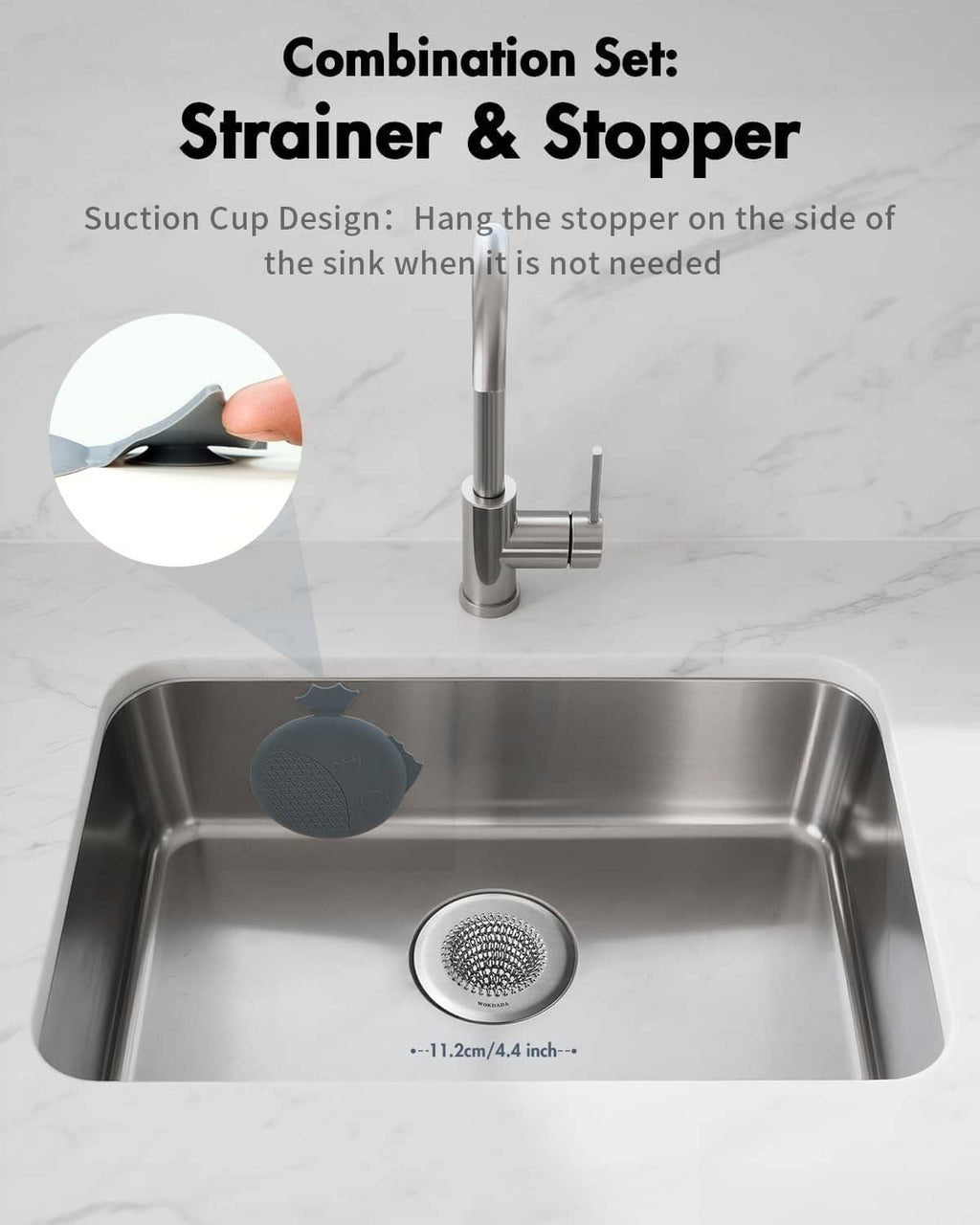 Silicone sink stopper and metal drain strainer set for a kitchen sink