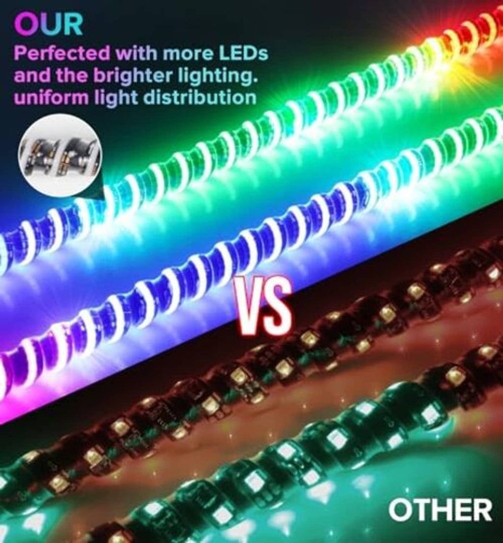 Close-up RGB LED whip light with spiraled tube glowing green, blue, and purple