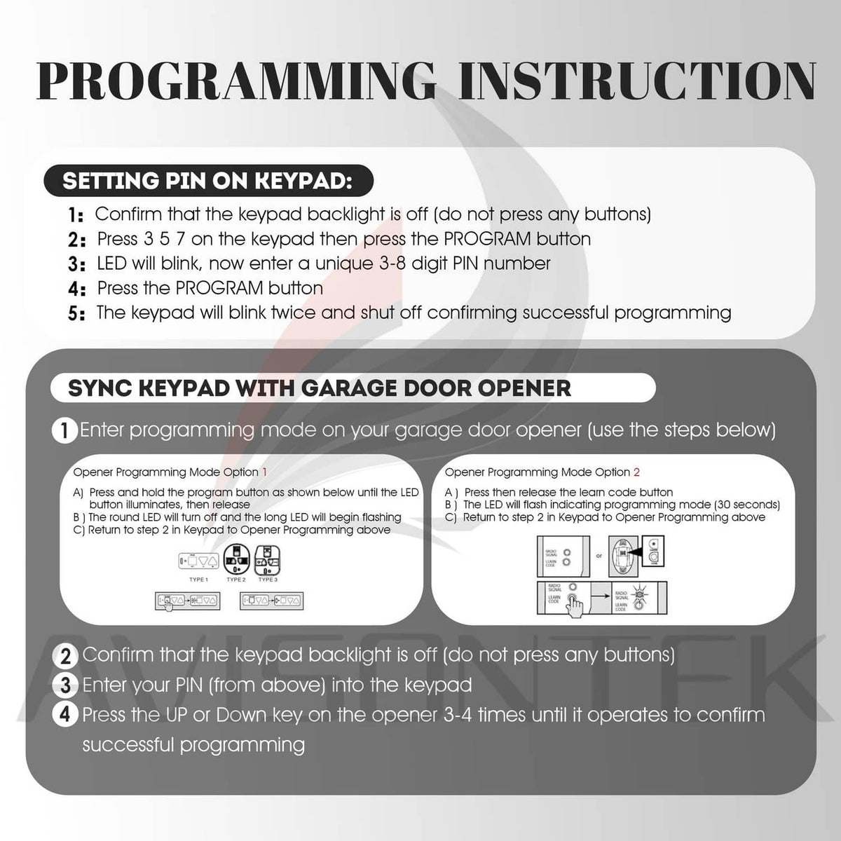 White garage door keypad with programming instruction layout and button panel