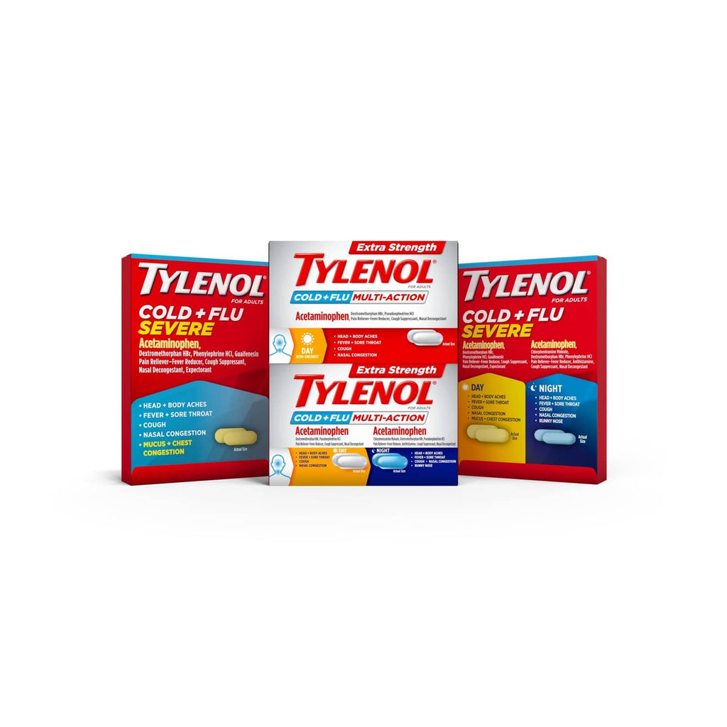 Tylenol Cold + Flu Severe caplets multipack display with three red boxes.